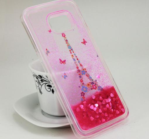 Силиконов калъф / гръб / TPU 3D за Samsung S6 Edge G925 - Айфелова кула / цветя и пеперуди / розов брокат