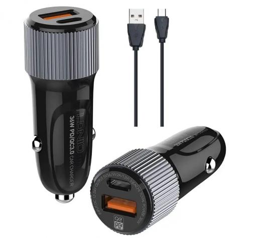 Зарядно устройство за кола комплект 36W Ldnio Quick Charge 12V с USB и Type C изход, с кабел Type C-Type C
