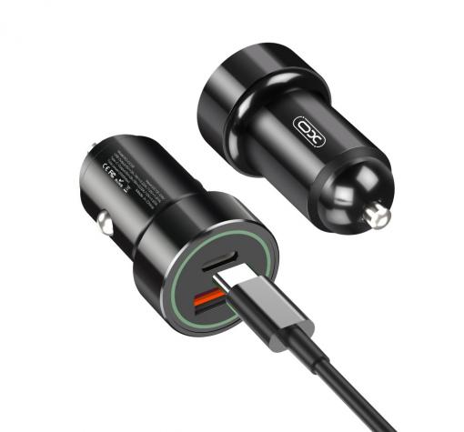 Зарядно устройство за кола 12V / 24V комплект XO TZ11 с USB и Type C изход QC 3.0 с кабел Lightning-Type C 3A