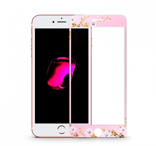 Стъклен скрийн протектор / 9H HD Full Tempered Glass Film Kauaro Swarovski Screen Protector / за дисплей нa Apple iPhone 6 / iPhone 6S - розов / бели цветя