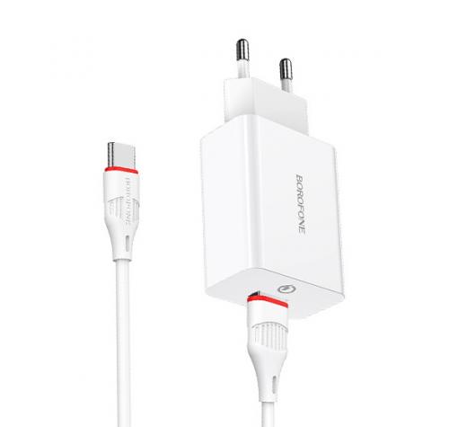 Универсално зарядно устройство 220V BOROFONE Qualcomm 3 BA21A 3.0A / Type C кабел - бяло
