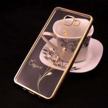 Луксозен силиконов калъф / гръб / TPU / Elegant с камъни за Samsung A3 2016 A310 - прозрачен със златист кант / перо