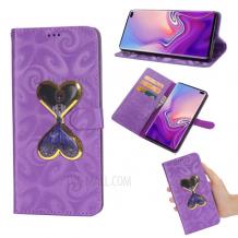 Луксозен кожен калъф Flip тефтер със стойка за Samsung S10 - лилав / пясъчен часовник