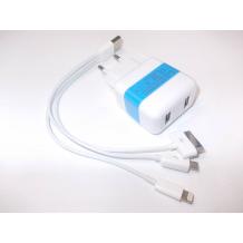 Универсално зарядно устройство 220V с два USB порта 3 в 1 за Apple iPhone / Apple iPad / Samsung Tab / Samsung - бял