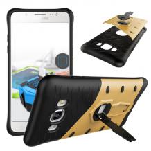Силиконов гръб TPU Hybrid с твърда част и 360° въртяща стойка за Samsung J5 2016 J510 - черно и златисто