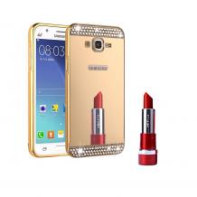 Луксозен алуминиев бъмпер с твърд гръб и камъни за Samsung J7 2016 J710 - златист / огледален