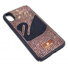 Луксозен твърд гръб Swarovski за Apple iPhone XS Max - черен / Rose Gold камъни / Swan