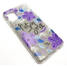 Силиконов калъф / гръб / TPU за Samsung S10 Lite / A91 - сребрист брокат / лилави цветя / Put on Love