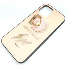 Луксозен стъклен твърд гръб със стойка за Apple iPhone 12 Pro Max 6.7" – бежов / цвете и камъни