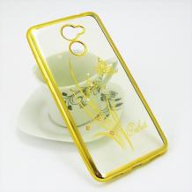 Луксозен силиконов калъф / гръб / TPU / Elegant с камъни за Huawei Y7 2017 - прозрачен със златист кант / цвете / пеперуда
