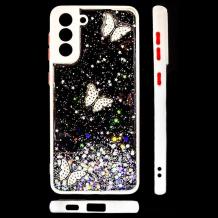 Луксозен твърд кейс със силиконов кант и брокат за Huawei P Smart 2021 - прозрачен / пеперуди / бял кант