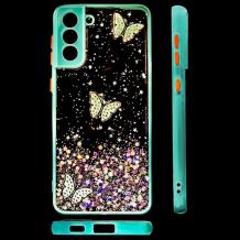 Луксозен твърд гръб / кейс / със силиконов кант и брокат за Samsung S21