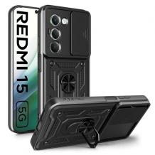 Удароустойчив гръб TPU кейс Slide Camera Case Magnetic Finger Ring Car Holder за Xiaomi Redmi 15 - черен