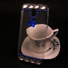 Луксозен силиконов калъф / гръб / TPU 3D с камъни за Samsung J5 2017 J530 - прозрачен / синьо цвете