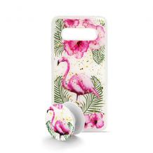 Луксозен силиконов калъф / гръб / TPU с Popsocket за Samsung S10 - бял / Flamingo and Flowers