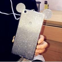 Луксозен силиконов калъф / гръб / TPU 3D за Huawei P8 Lite - прозрачен / сив брокат / миши ушички / 2в1