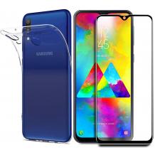 Силиконов калъф / гръб / TPU с черен стъклен протектор Full Glue за Samsung A20e - прозрачен