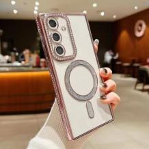 Луксозен силиконов калъф / гръб / TPU кейс със MagSafe за Samsung A37 - прозрачен със розов кант и камъни