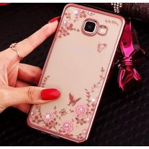 Луксозен силиконов калъф / гръб / TPU с камъни за Samsung A5 2016 A510 - прозрачен / розови цветя / Rose Gold кант