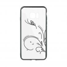 Луксозен силиконов калъф / гръб / TPU с камъни за Samsung S7 G930 - прозрачен / черен кант / пеперуда