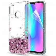 Луксозен твърд гръб 3D Water Case за Xiaomi Redmi 7- прозрачен / течен гръб със светло розов брокат