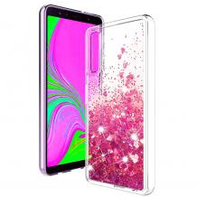 Луксозен твърд гръб 3D Water Case за Huawei Nova 5T / Honor 20 - прозрачен / течен гръб с брокат / сърца / розов