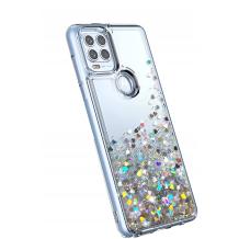 Луксозен твърд гръб 3D Water Case за Motorola Moto G30 - прозрачен / течен гръб / сърца / сребрист брокат