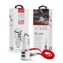 Оригинален USB кабел LDNIO C29 Car Charger 12V / 2 USB порта и Micro USB кабел 3.4A за Samsung , LG , HTC , Sony, Nokia, Huawei , ZTE, BlackBerry и др. - бял / червен
