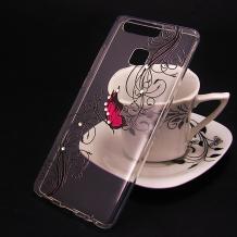 Луксозен силиконов калъф / гръб / TPU с камъни за Huawei P9 - прозрачен / розова пеперуда