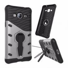 Силиконов гръб TPU Hybrid с твърда част и 360° въртяща стойка за Samsung J3 / J3 2016 J320 - черно и сребристо