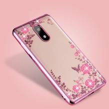 Луксозен силиконов калъф / гръб / TPU с камъни за Nokia 6 2017 - прозрачен / розови цветя / Rose Gold кант