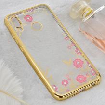 Луксозен силиконов калъф / гръб / TPU с камъни за Samsung M20 - прозрачен / розови цветя / златист кантЛуксозен силиконов калъф / гръб / TPU с камъни за Samsung M20 - прозрачен / розови цветя / златист кант