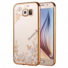 Луксозен твърд гръб KAVARO с камъни Swarovski за Samsung S7 Edge G935 - прозрачен / бели цветя / златист кант