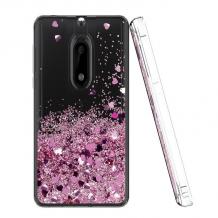 Луксозен твърд гръб 3D Water Case за Nokia 2.2 - прозрачен / течен гръб с розов брокат