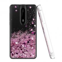 Луксозен твърд гръб 3D Water Case за Xiaomi Mi 9 SE - прозрачен / течен гръб с розов брокат