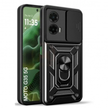 Удароустойчив гръб TPU кейс Slide Camera Case Magnetic Finger Ring Car Holder за Motorola Moto G35 5G - черен