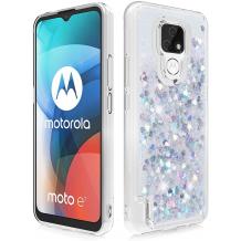 Луксозен твърд гръб / кейс / 3D Water Case за Motorola Moto E7 Plus - прозрачен / течен гръб / сърца / сребрист брокат