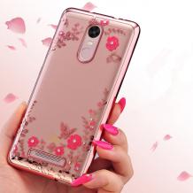 Луксозен силиконов калъф / гръб / TPU с камъни за Nokia 5 - прозрачен / розови цветя / Rose Gold кант
