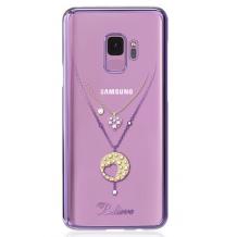 Луксозен твърд гръб KINGXBAR Swarovski Diamond за Samsung S9 G960 - прозрачен с лилав кант / колие
