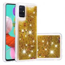 Луксозен твърд гръб / кейс / 3D Water Case за Samsung A51 - прозрачен / течен гръб с брокат / златист
