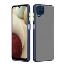 Луксозен твърд гръб / кейс / Shockproof за Samsung A12 - прозрачен / мат / тъмно син кант