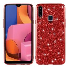 Луксозен твърд гръб за Samsung A20s - червен / брокат