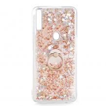 Луксозен твърд гръб 3D Water Case със стойка Ring за Samsung A72 5G - прозрачен / течен гръб с брокат / сърца / златист