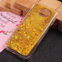 Луксозен твърд гръб 3D Water Case за Samsung J4 Plus 2018 - прозрачен / течен гръб с брокат / златист