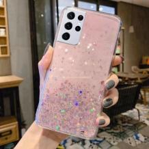 Силиконов калъф / гръб / Brillant Clear Case за Samsung A03s - розов / сребрист брокат