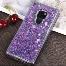 Луксозен твърд гръб 3D Water Case за Motorola Moto E7 - прозрачен / течен гръб / сърца / лилав брокат
