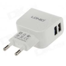 Оригинално зарядно устройство LDNIO 220V с два USB порта 5V / 2.1A за Samsung, LG, HTC, Sony, Nokia, Huawei, ZTE, Apple, BlackBerry и други - бял
