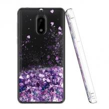 Луксозен твърд гръб 3D Water Case за Nokia 3.1 2018 - прозрачен / течен гръб с лилав брокат