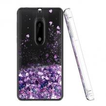 Луксозен твърд гръб 3D Water Case за Nokia 2.1 - прозрачен / течен гръб с лилав брокат