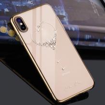 Луксозен твърд гръб KINGXBAR Swarovski Diamond за Samsung Note 10 Plus N975 - прозрачен със златист кант / сърце